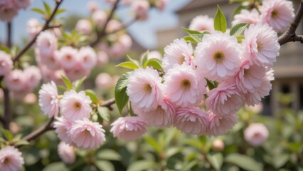 Fototapeta premium Pink Double Flowering Plum Blossoms: Springtime Bloom, Ornamental Prunus triloba in garden, delicate petals, sunny day