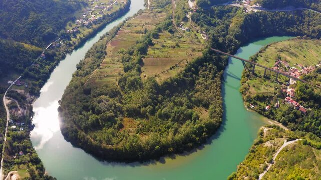 Jablanica, drone view of Neretva river bend in Bosnia and Herzegovina