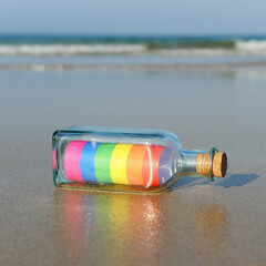 LGBT flag inside a bottle washed ashore by the waves, bearing a message of tolerance. Flags of the world. LGBTQ+ sun and beach vacation.