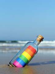 LGBTQ+ flag inside a bottle thrown into the sea with a diversity message. Flags of the world. LGBTQ+ sun and beach holidays.