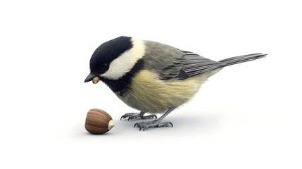 Obraz premium Brown and White Bird with Black Head and Nut Against White Background