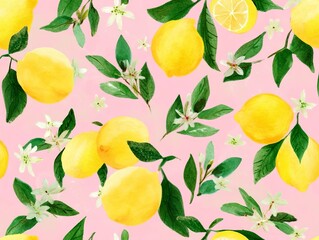 Cute pastel watercolor illustration of a lemon pattern, with a light pink background, yellow