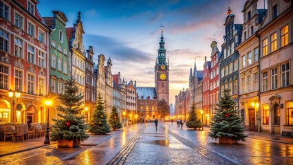 Fototapeta premium Minimalist Christmas Morning in Gdansk, Poland: Long Market Street & Town Hall