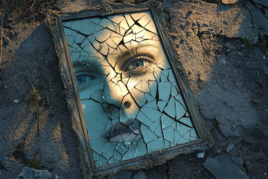 A broken mirror reflects a woman's fragmented face, capturing shards of her identity and emotions.