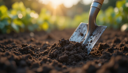 Close-up of Shovel Blade Breaking Ground in Garden.