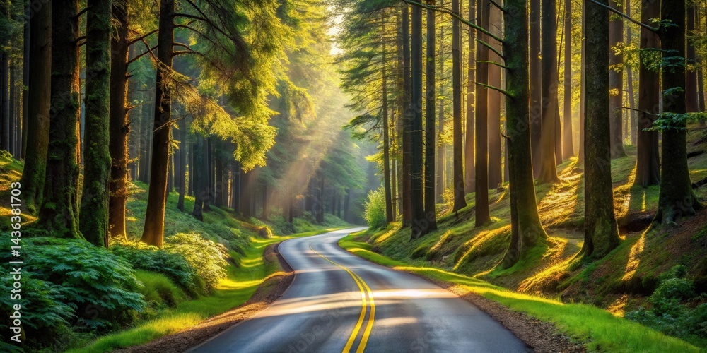 Poster Sunlit Path Through a Lush Forest of Tall Trees with a Winding Road