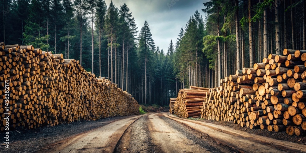 Poster forest road lined with stacks of timber logs, a pathway through a lush green coniferous forest