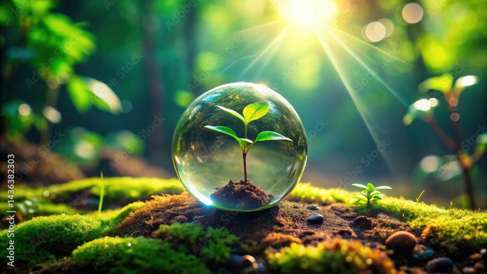 Poster a fragile seedling, encased in a crystal sphere, basks in the warm glow of the rising sun amidst a v