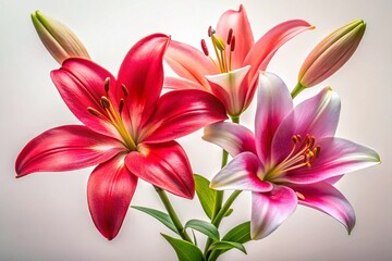 Fototapeta premium Minimalist Red & Pink Lily Flowers Isolated on White Background - Stock Photo