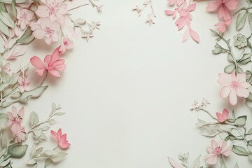 Fototapeta premium Delicate paper flowers create a soft, pastel floral frame.