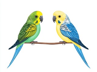 Two vibrant budgies perched on a branch, facing each other.  Detailed illustration