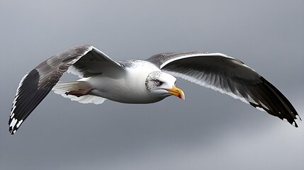Naklejka premium White Seagull with Black and Gray Wings Flying in Cloudy Sky