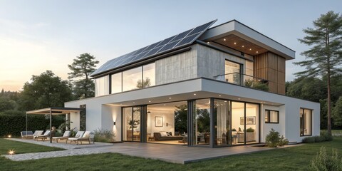 Fototapeta premium Modern Solar House 3D Architectural Visualization, Exterior Design, Two-Story Home, Sustainable Living Sustainable Architecture, Solar Panels