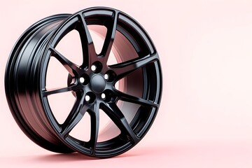 Obraz premium Sleek black alloy wheel with multi-spoke design, isolated on a pale pink background