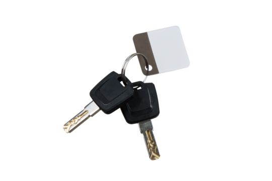 Two metal keys with black plastic heads and a key tag on a metal ring, isolated on transparent background.