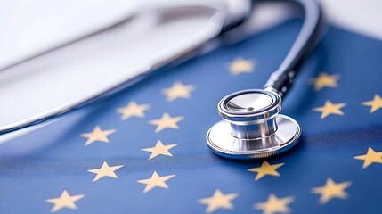 Stethoscope rests on a flag depicting a circle of stars on a blue background, symbolizing healthcare within a political union