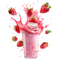 Refreshing strawberry milkshake splash with floating whole strawberries, creating a delicious and vibrant scene, Isolated Transparent Background