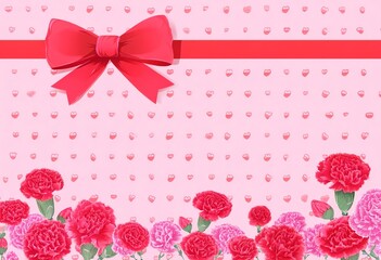 Pink background with a red ribbon and a border of pink carnations, a heart pattern and dots in the