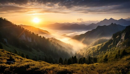 Obraz premium Paisaje de amanecer en la montaña brumosa, fotografía hiperrealista,