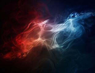 Abstract smoke art with red and blue ethereal wisps meeting in the middle against black background, creating dynamic contrast between warm and cool tones in this artistic vapor photography.