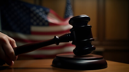 A powerful judicial moment with a gavel strike against a blurred US flag backdrop. Dramatic lighting and oak details highlight authority, captured cinematically for an HD wallpaper.