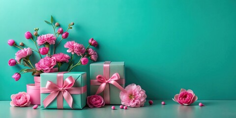 A Delightful Display of Pastel Presents and Blooming Flowers Against a Vibrant Teal Background