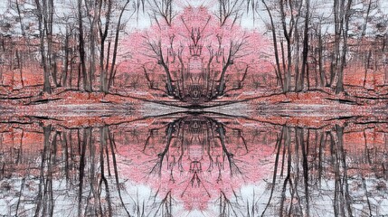 Reflective forest scene with pink blossoms.