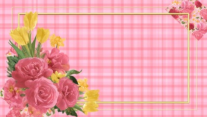 Pink checkered background with a gold frame, pink roses and yellow tulips, vector illustration,