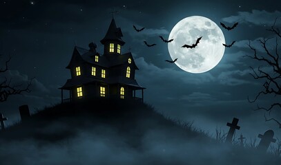 A spooky Halloween night with a haunted house under a full moon, surrounded by flying bats and dense mist, creating a chilling, mysterious atmosphere.