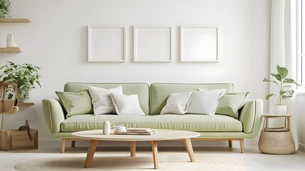Modern Living Room with Blank Frames on White Wall and Green Sofa
