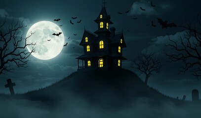 A spooky Halloween night with a haunted house under a full moon, surrounded by flying bats and dense mist, creating a chilling, mysterious atmosphere.