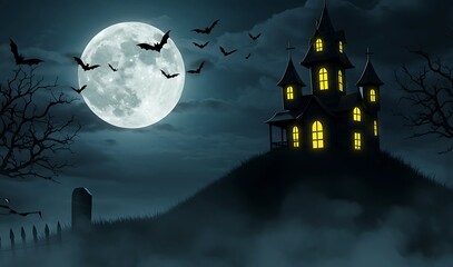 A spooky Halloween night with a haunted house under a full moon, surrounded by flying bats and dense mist, creating a chilling, mysterious atmosphere.