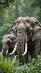 Fototapeta premium Majestic Asian Elephant with Large Tusks in Lush Jungle.