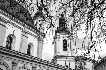 A black and white photograph shows a fragment of the architecture of St. Michael's Church in Vilnius.