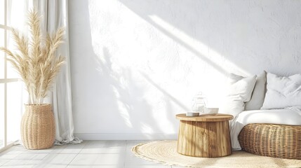 Bright and Minimalist Living Room with Wicker Armchairs and Coffee Table