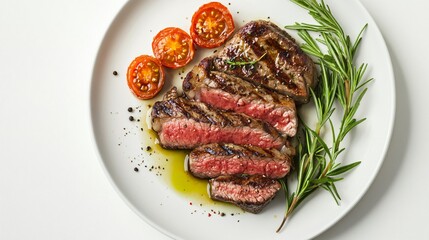 Sizzling Grilled Steak Topped with Fresh Herbs in Top View Presentation