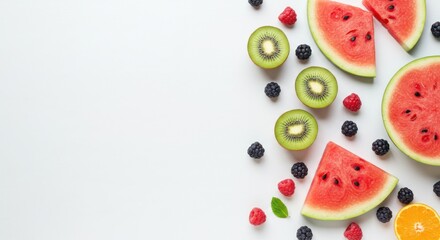 Sliced watermelon kiwi berries and orange pieces arranged on a white surface.