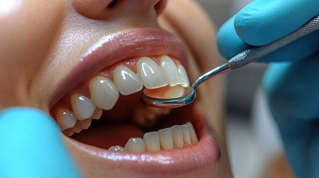 Dental checkup in progress with a dental hygienist examining a patient’s teeth in a bright clinic environment