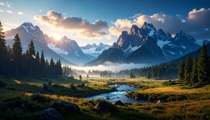 Paisaje de amanecer en la monta&ntilde;a brumosa, fotograf&iacute;a hiperrealista,