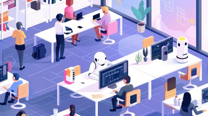 Obraz premium Humanoid robots working alongside humans in an office