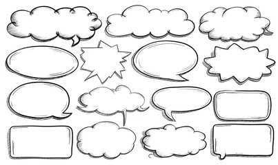 Set of speech bubbles, comic text boxes, and thought balloons in a simple line art style on a white