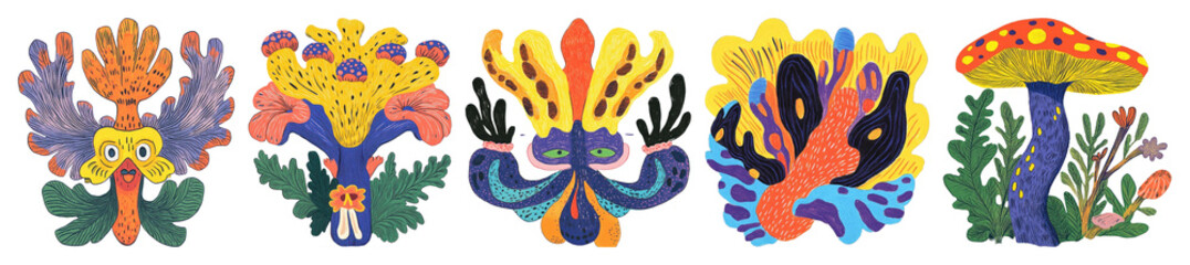 Naklejka premium PNG Colorful abstract mushroom art, element set on transparent background