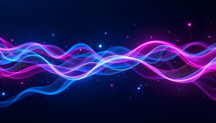 The AI generated abstract background showcases a mesmerizing display of glowing dotted lines intertwining in a dynamic and fluid pattern, creating a visually captivating and futuristic aesthetic.