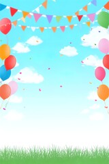 Naklejka premium The background depicts a blue sky with white clouds and green grass, with colorful balloons flying
