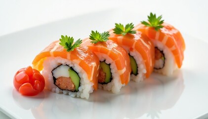 Elegant sushi arrangement on white background, texture, elegant
