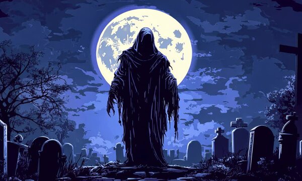 Grim reaper in a graveyard under a full moon. Concept of Halloween, horror, and death.halloween background