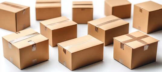 Fototapeta premium Multiple brown cardboard boxes sealed with tape are scattered on a white surface.