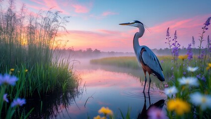 Great Blue Heron Stands in Calm Water at Dawn