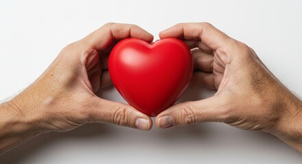Fototapeta premium Close-up of hands holding a red heart symbol, soft natural light, white background, concept of gratitude and saving lives, minimalistic and emotional
