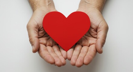 Obraz premium Close-up of hands holding a red heart symbol, soft natural light, white background, concept of gratitude and saving lives, minimalistic and emotional